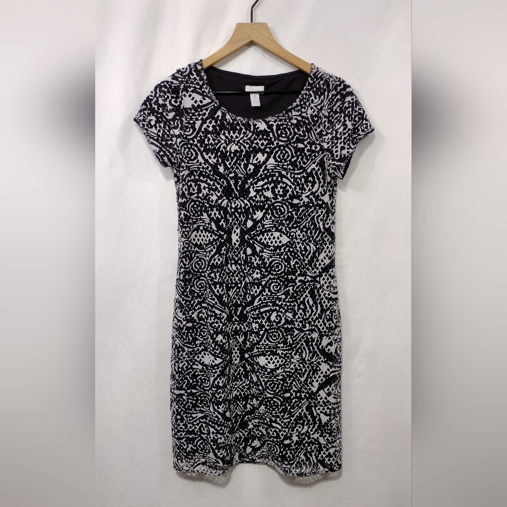 Chico's Floral Textured Cut Out Design Dress Womens M Black White Office Casual